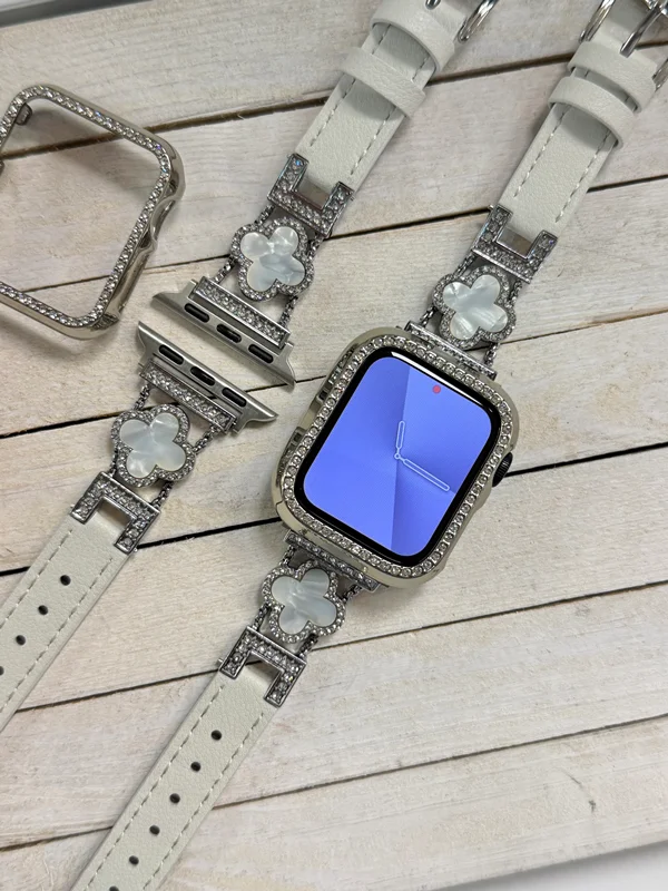 بند اپل واچ چرمی طرح ون کلیف با گارد نگین دار