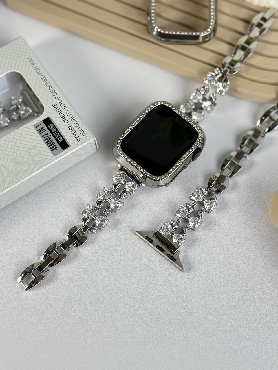 بند اپل واچ فلزی پاپیون کریستالیگارد نگین دار