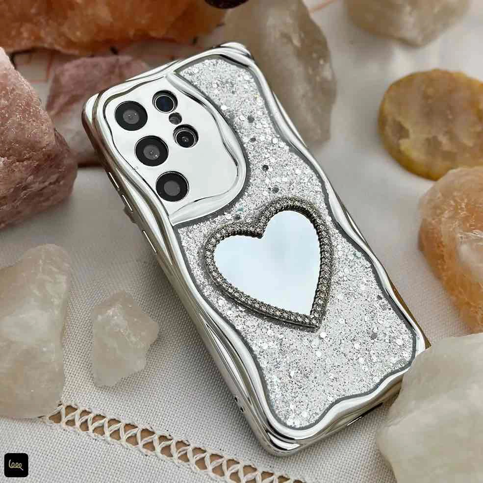 قاب سامسونگ قلبی گلیتری آینه‌ای Chrome Heart Glitter