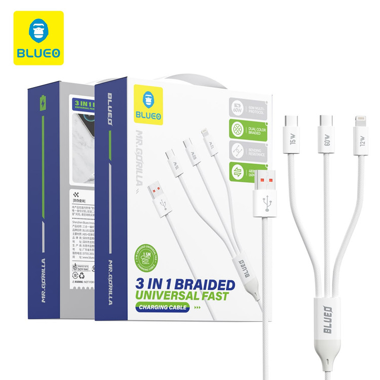 کابل شارژ بلو Blueo 3 IN 1 Braided Universal Fast Charging Cable
